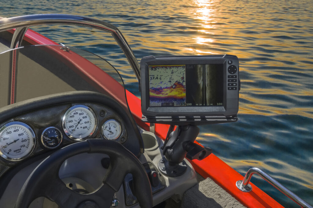 fish finder depth sounder on a boat in the water