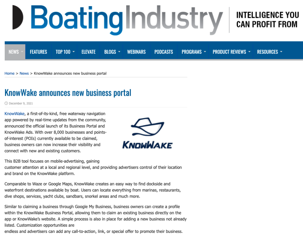 boating industry features KnowWake business portal